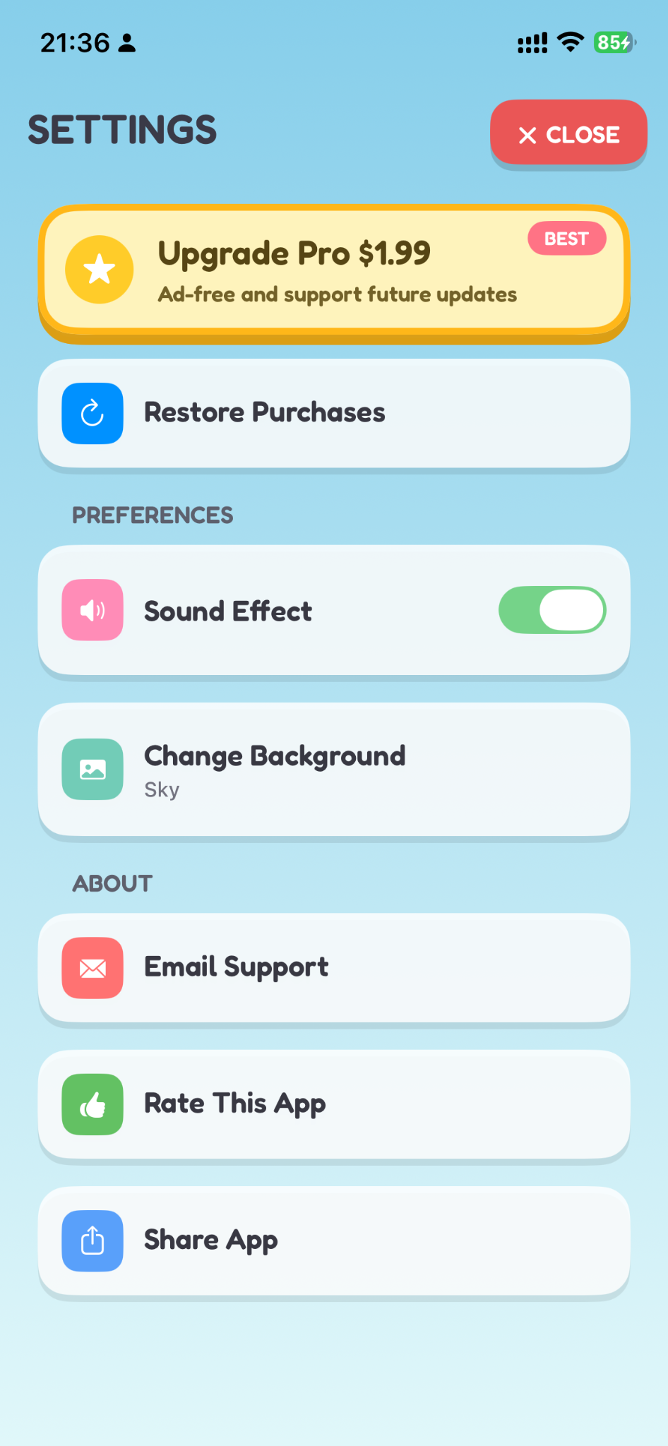 Chalk Draw settings screen with upgrade, preferences, and support options